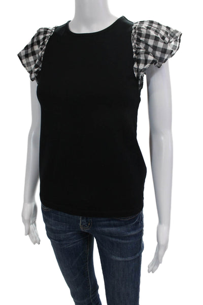 Kate Spade New York Womens Cotton Check Short Sleeve Blouse Black Size 2XS