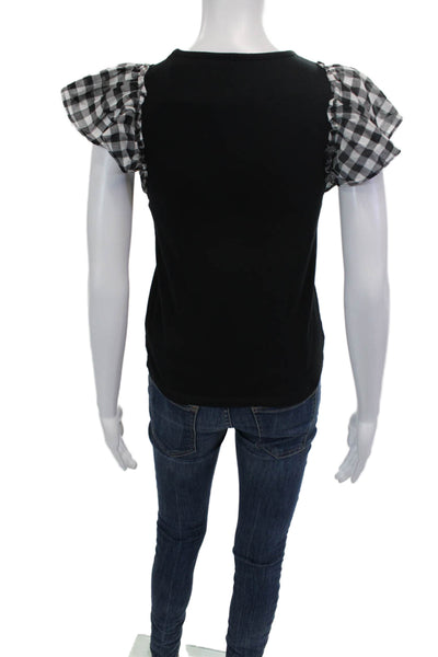 Kate Spade New York Womens Cotton Check Short Sleeve Blouse Black Size 2XS