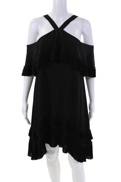 Delfi Womens Halter Neck Pleated Off Shoulder Shift Dress Black Size S