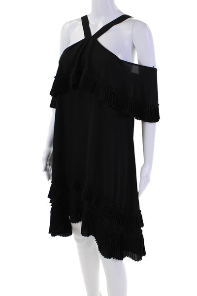 Delfi Womens Halter Neck Pleated Off Shoulder Shift Dress Black Size S