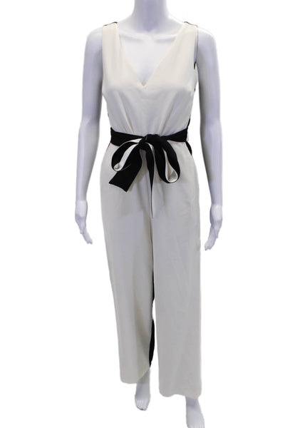 Tanya Taylor Womens V-Neck Waist Tie Detail Colorblock Jumpsuit White Size 0