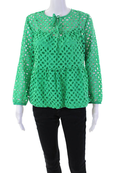 J Crew Womens Cut Out Detail Cotton Lined 3/4 Sleeve Blouse Kelly Green Size XS