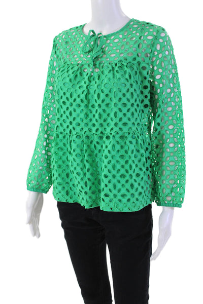 J Crew Womens Cut Out Detail Cotton Lined 3/4 Sleeve Blouse Kelly Green Size XS