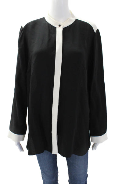 Lafayette 148 New York Womens Long Sleeve Button Up Silk Shirt Black White Large