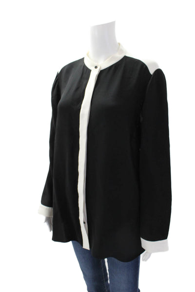 Lafayette 148 New York Womens Long Sleeve Button Up Silk Shirt Black White Large