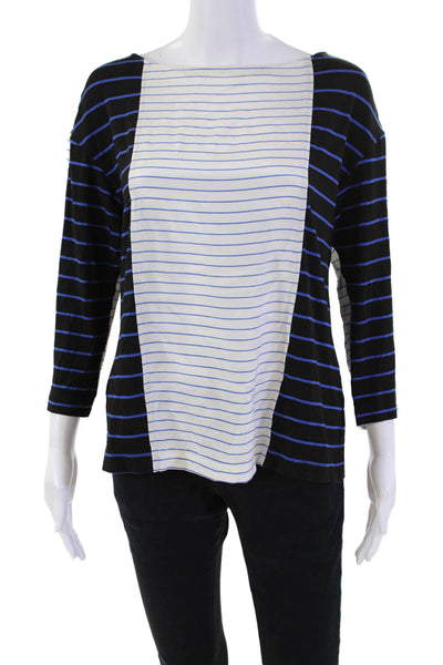 St. John Womens Striped Round Neck 3/4 Sleeve Buttoned Blouse Blue Size 4