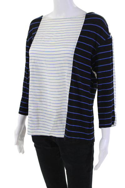 St. John Womens Striped Round Neck 3/4 Sleeve Buttoned Blouse Blue Size 4