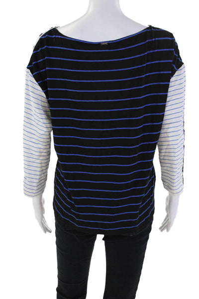 St. John Womens Striped Round Neck 3/4 Sleeve Buttoned Blouse Blue Size 4