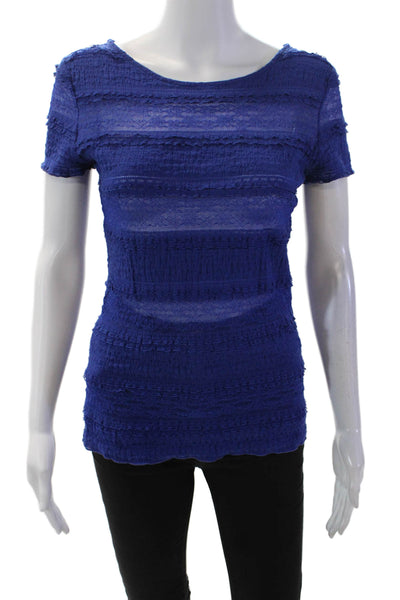 BCBGMAXAZRIA Womens Short Sleeve Scoop Neck Lace Striped Top Blue Size Small