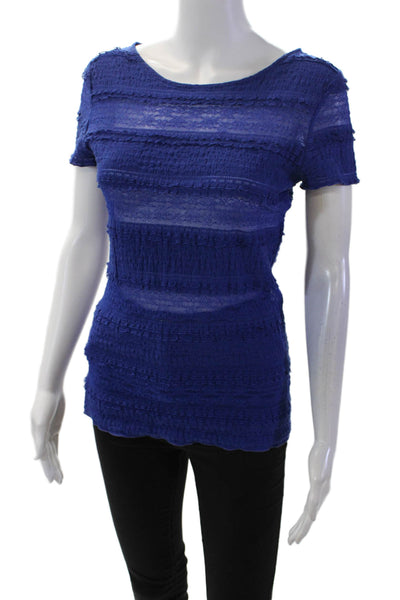 BCBGMAXAZRIA Womens Short Sleeve Scoop Neck Lace Striped Top Blue Size Small