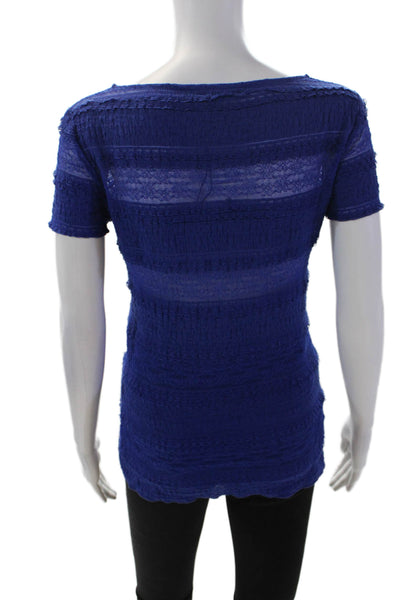 BCBGMAXAZRIA Womens Short Sleeve Scoop Neck Lace Striped Top Blue Size Small