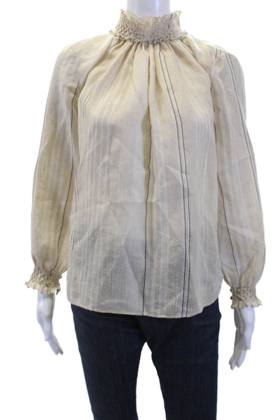 Christian Dior Womens Ruffle High Neck Striped Long Sleeve Blouse Top Beige Sz M