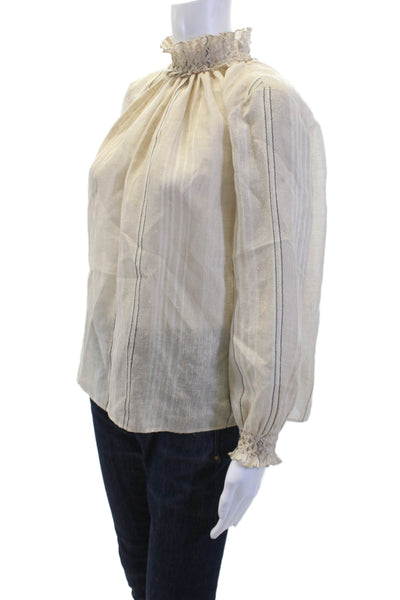 Christian Dior Womens Ruffle High Neck Striped Long Sleeve Blouse Top Beige Sz M