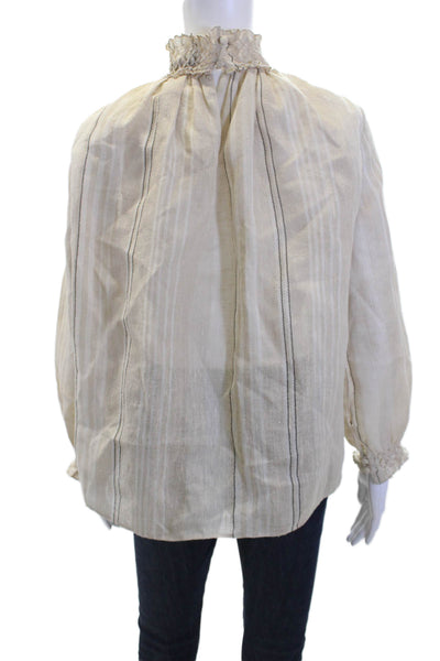 Christian Dior Womens Ruffle High Neck Striped Long Sleeve Blouse Top Beige Sz M