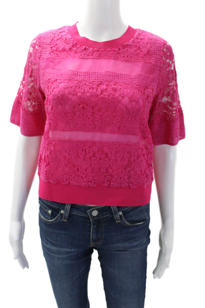Rebecca Taylor Womens Cotton Short Sleeve Round Neck Lace Top Pink Size 0