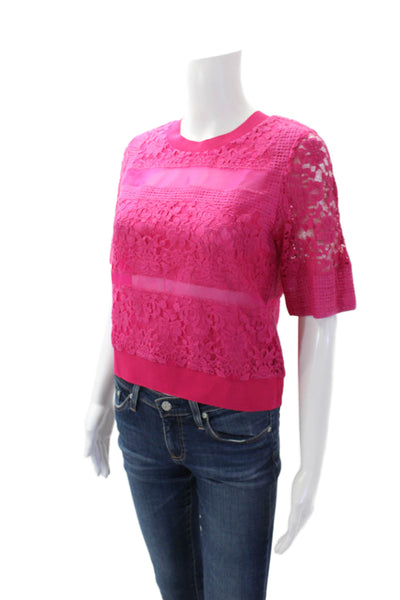 Rebecca Taylor Womens Cotton Short Sleeve Round Neck Lace Top Pink Size 0