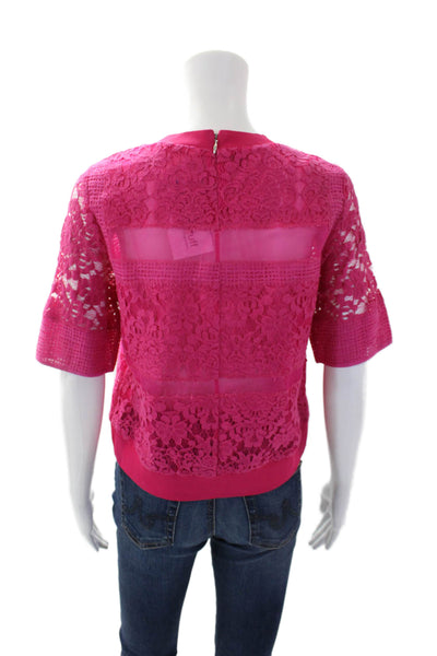 Rebecca Taylor Womens Cotton Short Sleeve Round Neck Lace Top Pink Size 0