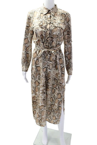 BB Dakota Womens Button Front Collared Snakeskin Printed Midi Dress Brown Small