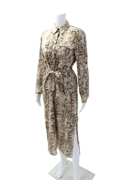 BB Dakota Womens Button Front Collared Snakeskin Printed Midi Dress Brown Small