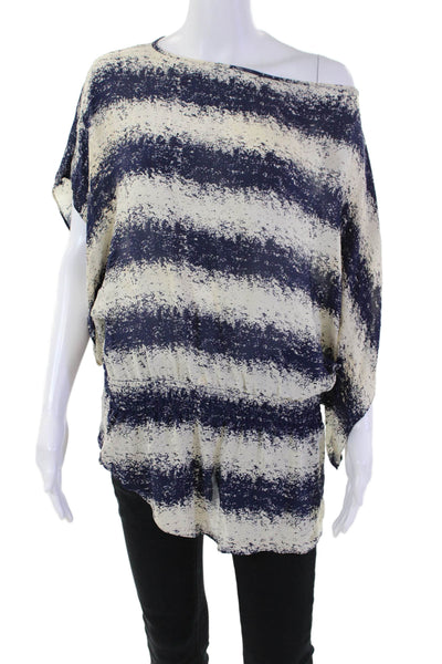 Parker Womens Short Sleeve Scoop Neck Silk Striped Top White Navy Size Large
