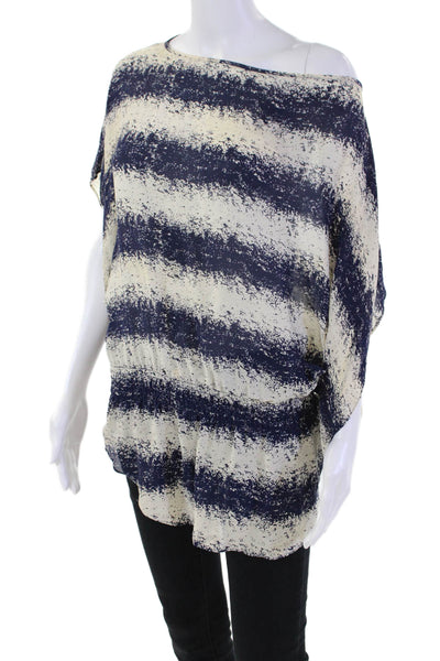 Parker Womens Short Sleeve Scoop Neck Silk Striped Top White Navy Size Large