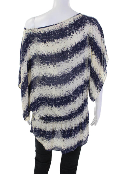 Parker Womens Short Sleeve Scoop Neck Silk Striped Top White Navy Size Large