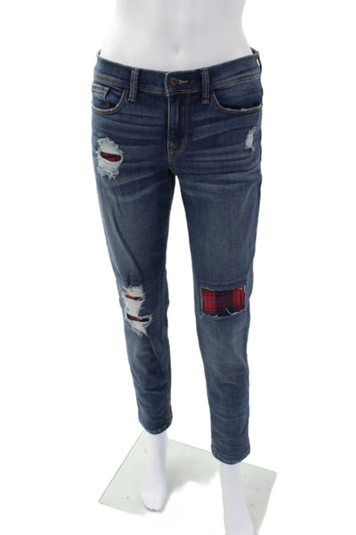 Sneak Peek Womens High Rise Distress Plaid Patch Skinny Leg Jeans Blue Size 3