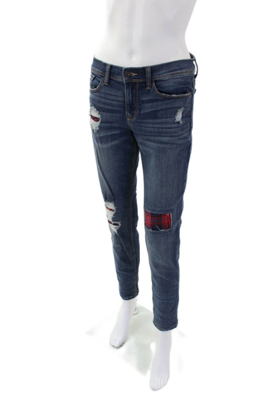Sneak Peek Womens High Rise Distress Plaid Patch Skinny Leg Jeans Blue Size 3