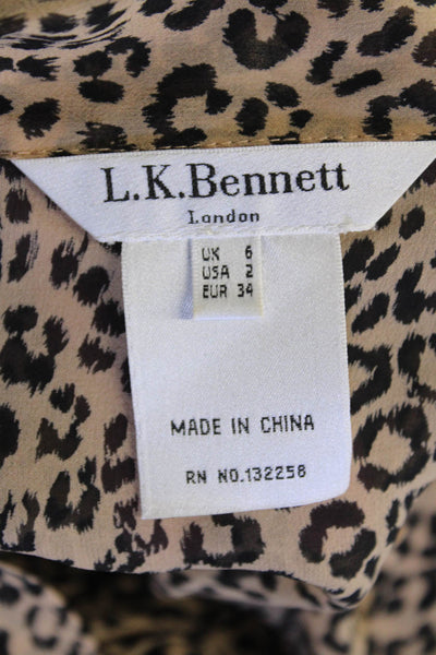 L.K.Bennett Womens Silk Leopard Print Tie Front Lined Blouse Top Brown Size 2