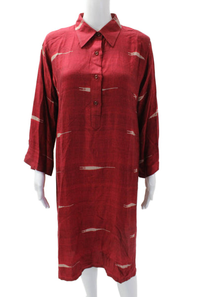 Siwa Womens Printed Half Button Down Shirt Dress Red Beige Cotton Size Small