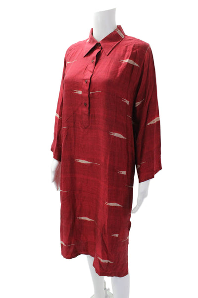 Siwa Womens Printed Half Button Down Shirt Dress Red Beige Cotton Size Small