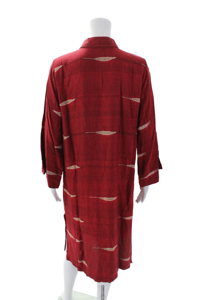 Siwa Womens Printed Half Button Down Shirt Dress Red Beige Cotton Size Small
