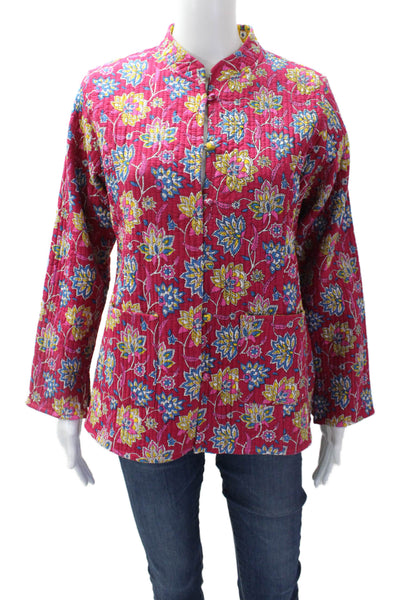 Silentio Womens Floral Print Button Down Jacket Pink Multi Colored Size  Medium
