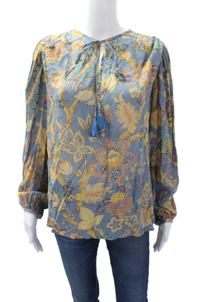 Vanessa Bruno Womens V-Neck Tassel Detail Peasant Sleeve Blouse Blue Size 36