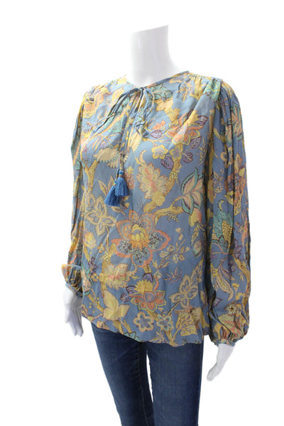 Vanessa Bruno Womens V-Neck Tassel Detail Peasant Sleeve Blouse Blue Size 36