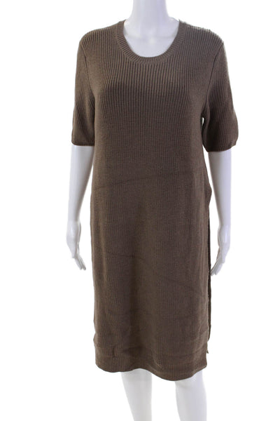 Strenesse Womens Wool Knit Round Neck Short Sleeve Mid-Calf Dress Brown Size 10