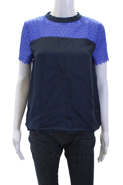 Band Of Outsiders Womens Silk Crew Neck Short Sleeves Blouse Navy Blue Size 1