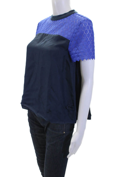 Band Of Outsiders Womens Silk Crew Neck Short Sleeves Blouse Navy Blue Size 1