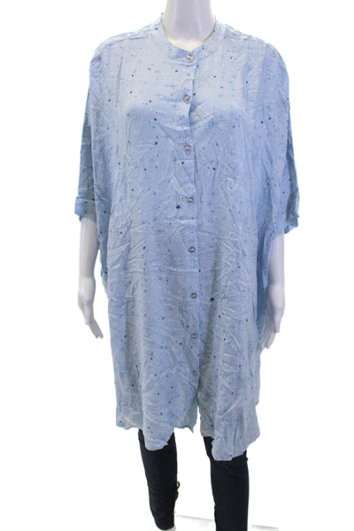 Splendid Womens Printed Crew Neck Button Front Oversized Blouse Top Blue Size L/