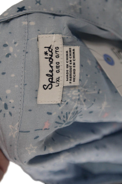 Splendid Womens Printed Crew Neck Button Front Oversized Blouse Top Blue Size L/