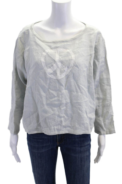 Diane Ness Womens Linen Long Sleeve Round Neck Blouse Solid Blue Size L