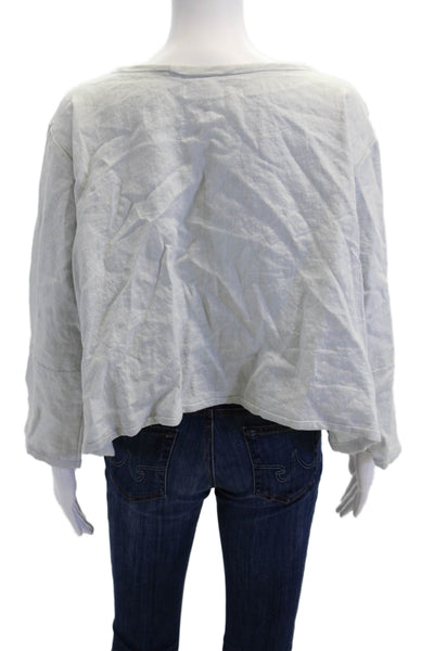 Diane Ness Womens Linen Long Sleeve Round Neck Blouse Solid Blue Size L