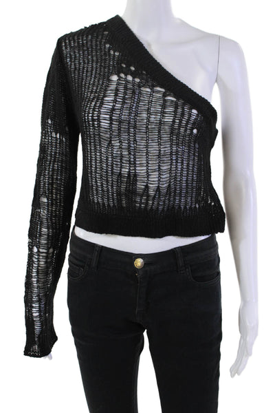 Superdown Womens Open Knit Long Sleeve Pullover One Shoulder Top Black Size L