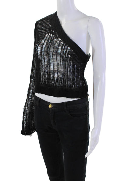 Superdown Womens Open Knit Long Sleeve Pullover One Shoulder Top Black Size L