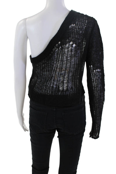 Superdown Womens Open Knit Long Sleeve Pullover One Shoulder Top Black Size L