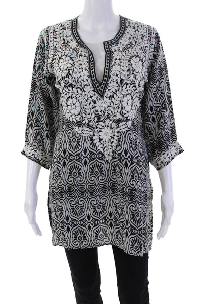 Amaya Womens Printed Silk Embroidered V-neck Tunic Blouse Top White Black Sz 38