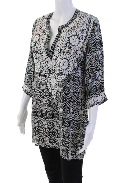 Amaya Womens Printed Silk Embroidered V-neck Tunic Blouse Top White Black Sz 38