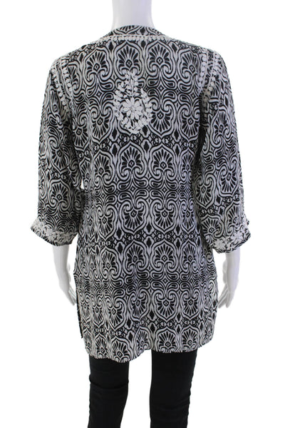 Amaya Womens Printed Silk Embroidered V-neck Tunic Blouse Top White Black Sz 38