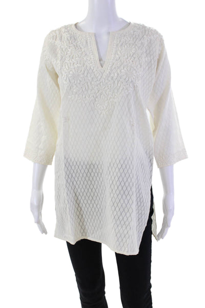Amaya Womens Silk Floral Embroidered V-neck Long Sleeve Tunic Top Beige Size 38