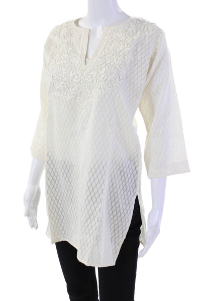 Amaya Womens Silk Floral Embroidered V-neck Long Sleeve Tunic Top Beige Size 38
